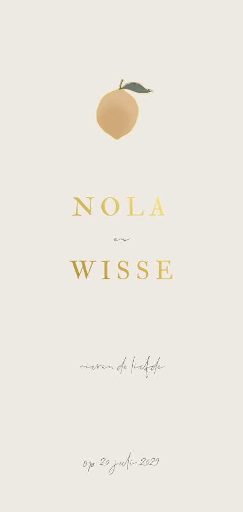 Langwerpige trouwkaart met aquarel citroen met goudfolie lijn