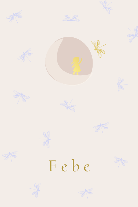 Lief geboortekaartje met meisje op de maan en libelles in de nacht