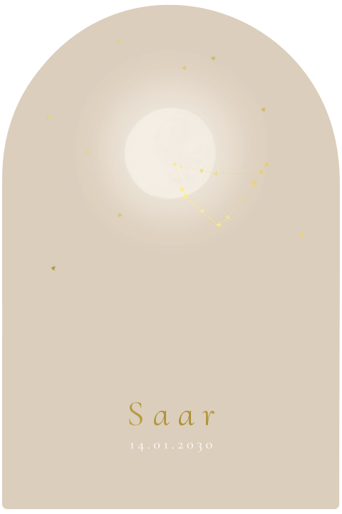 Boogvorm geboortekaartje donker beige maan sterrenbeeld goudfolie