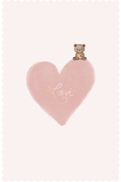 Geboortekaartje golfjesrand groot hart knuffelbeertje rosegoudfolie
