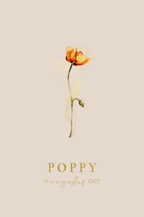 Geboortekaartje geboortebloem maand augustus poppy klaproos koperfolie