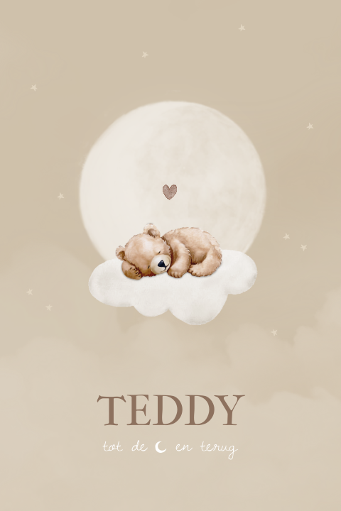 Geboortekaartje knuffelbeer teddybeer slapend op wolk maan beige