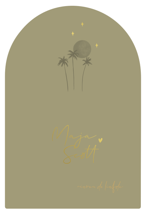Trouwkaart in boogvorm palmbomen en maan sterren in goudfolie