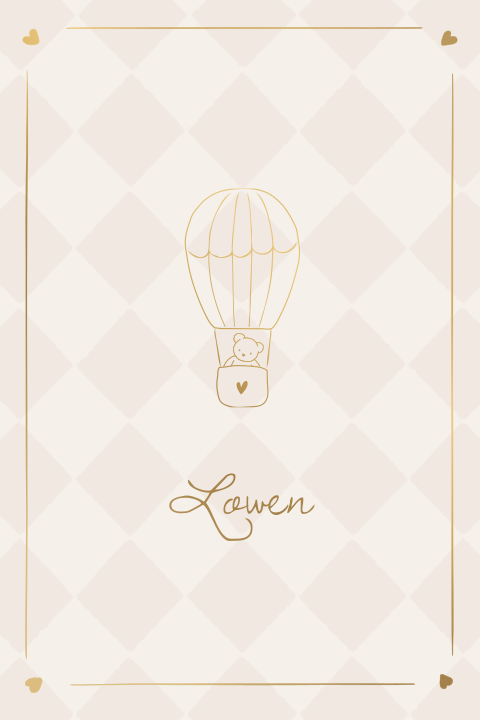 Geboortekaartje lijntekening ruit luchtballon knuffelbeer folie