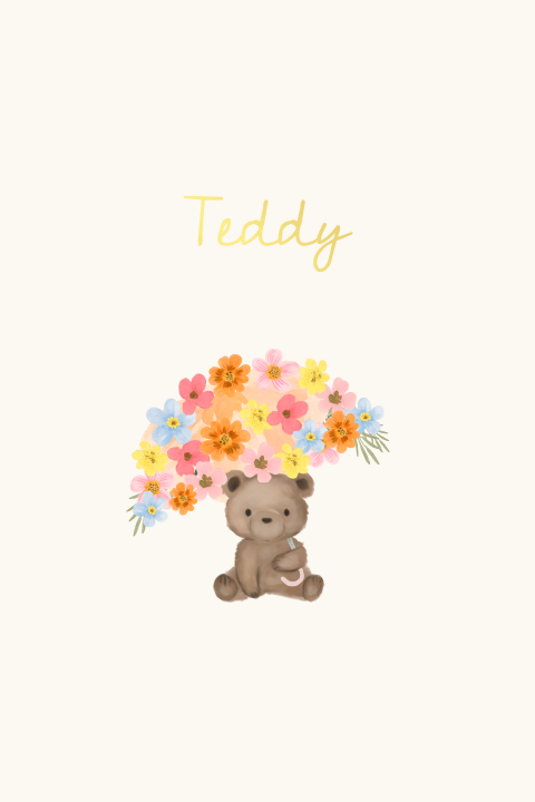 Bloemen geboortekaartje knuffelbeertje meisje lente goudfolie
