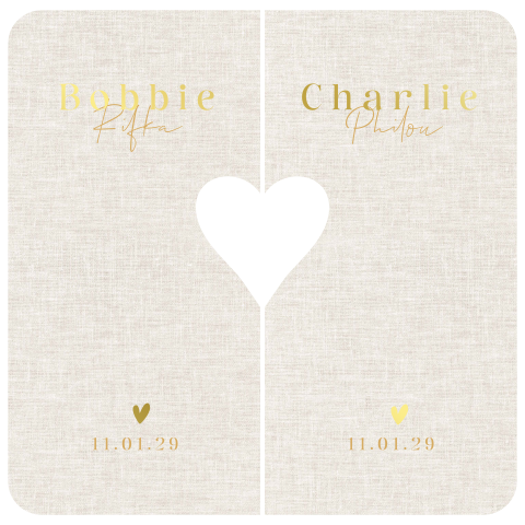 Bijzonder tweeling geboortekaartje met uitsnede hart verbonden