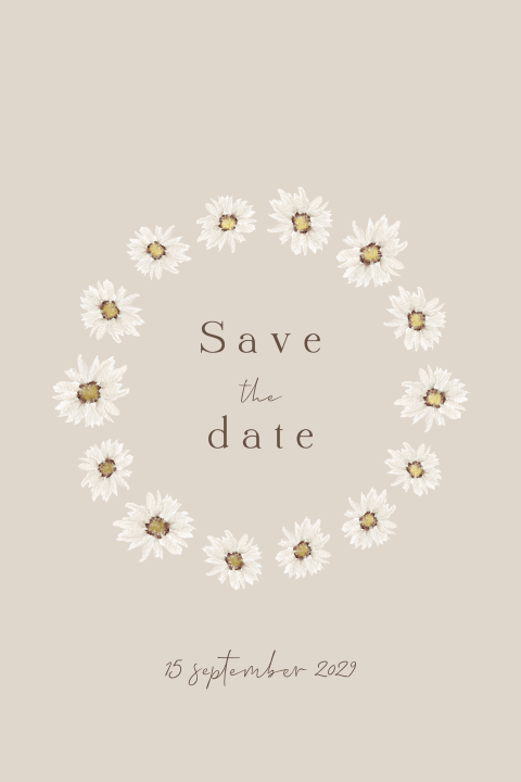 Save the date kaart beige witte madeliefjes rond goudfolie knopjes