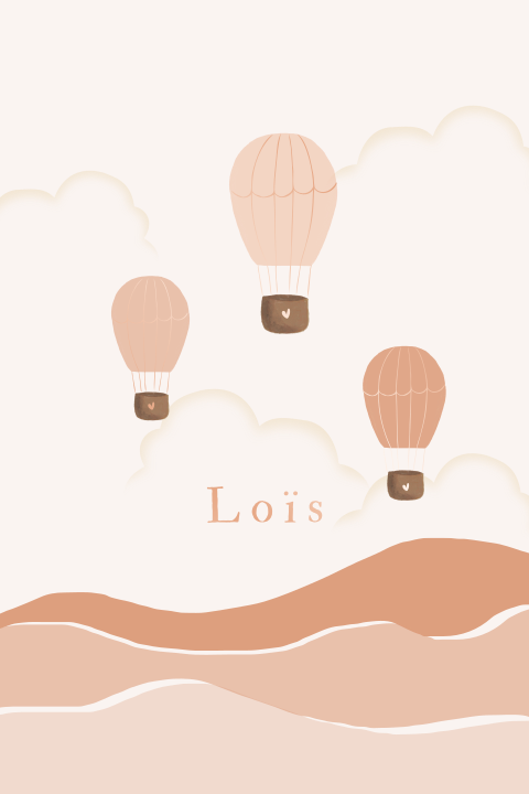 Geboortekaartje luchtballonnen maan landschap rosegoudfolie details
