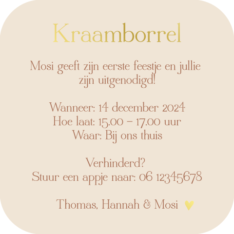 Kraamborrelkaartje ronde hoeken vierkant los labeltje goudfolie