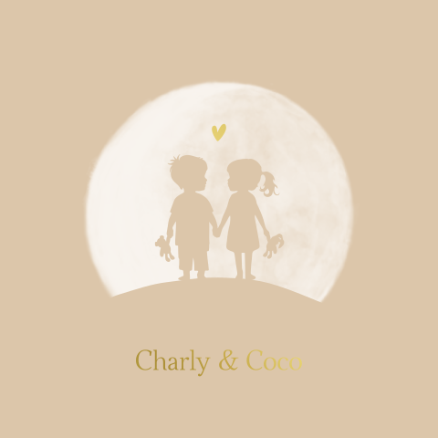 Geboortekaartje tweeling silhouette vollemaan hartje goudfolie