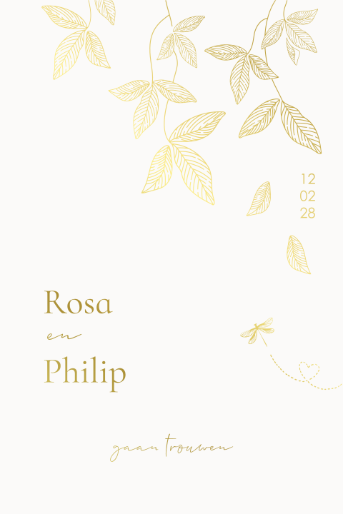 Mooie trouwkaart met bladeren en libelle getekend in goudfolie