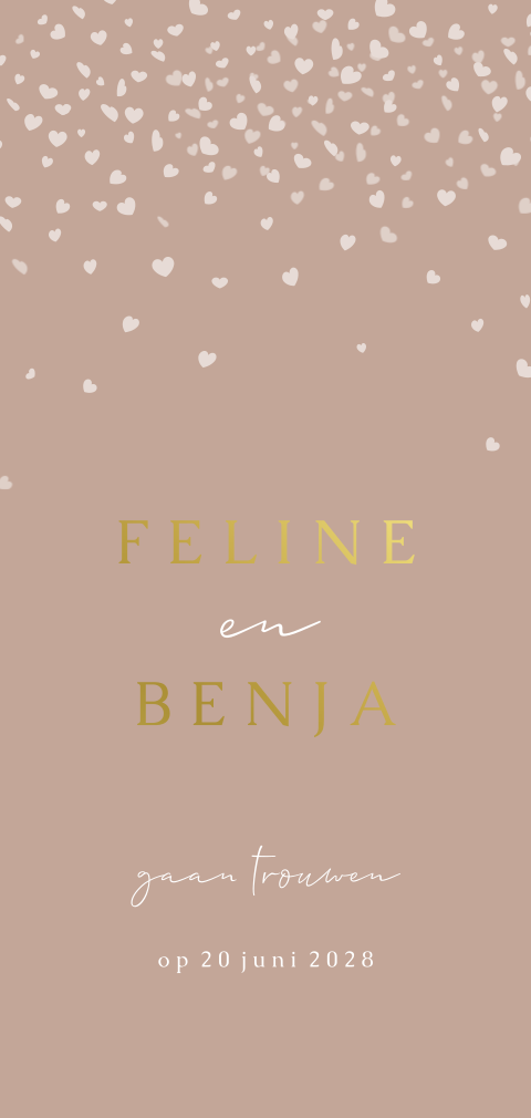 Langwerpige trouwkaart beige met witte hartjes confetti in goudfolie