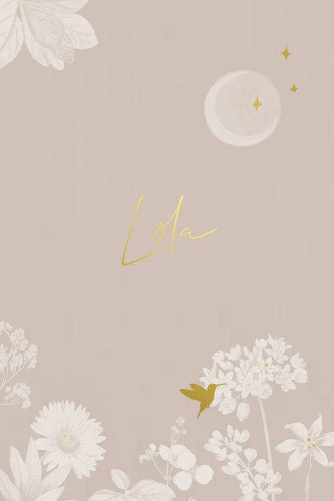 Luxe poster babykamer wildebloemen en kolibrie in goudfolie