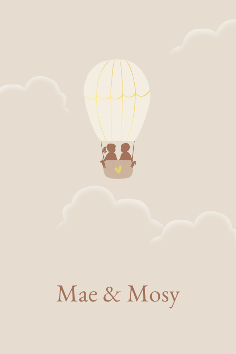 Geboortekaartje luchtballon tweeling knuffels wolken zandkleur folie