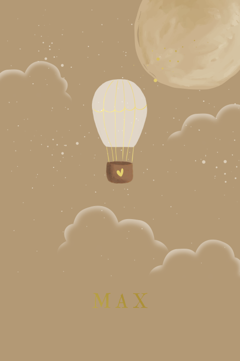 Geboortekaartje aquarel luchtballon maan sterren wolken goudfolie