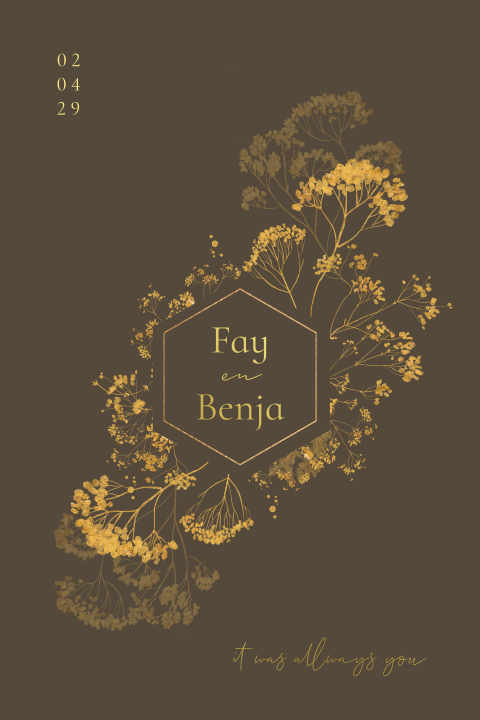 Trouwkaart met gouden droogbloemen in zeshoek en goudfolie