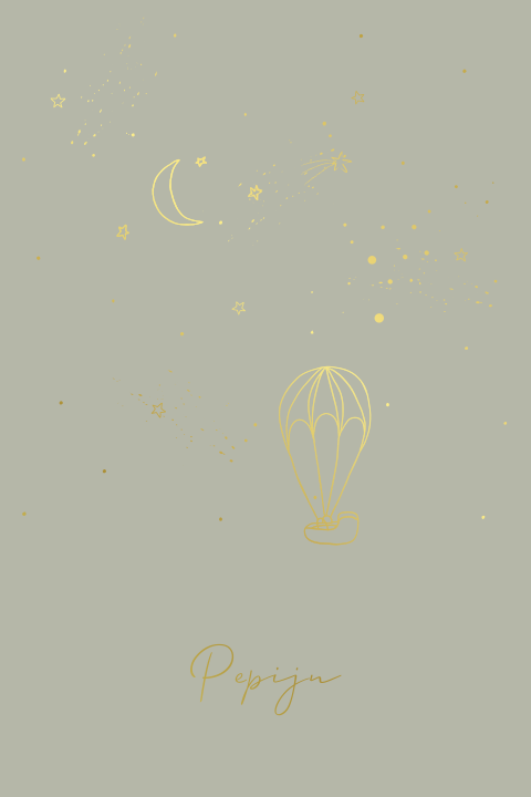 Geboortekaartje getekend mandje parachute baby maan sterren goudfolie
