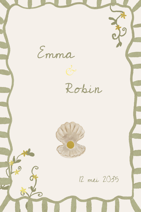 Trouwkaart speels handgetekende aquarel oester goudfolie