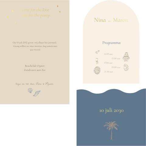 Unieke trouwlabelkaart beachwedding zeethema golven