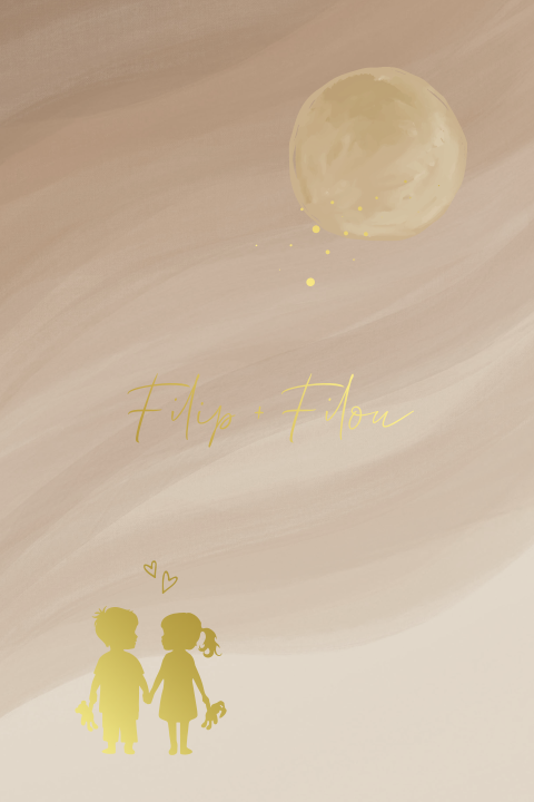 Geboortekaartje tweeling silhouet zandkleur maan hartjes goudfolie