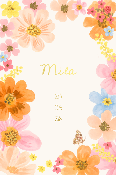 Kleurrijk bloemen geboortekaartje meisje lente zomer goudfolie