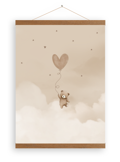 Canvasposter houten latjes teddybeertje hartjesballon wolken