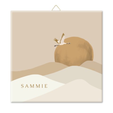 Geboortetegeltje keramiek 15x15cm kraanvogel bergen landschap beige