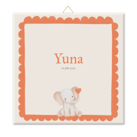 Tegeltje 15cm geboorte olifantje speels golfjesrand terraoranje