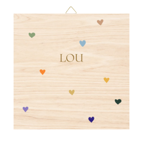 Houten tegeltje geboortekaartje 15x15cm kleurrijke hartjes