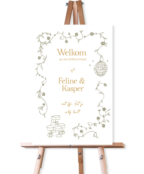 Welkomstbord bruiloft 40x60cm speels handgetekend bloemen