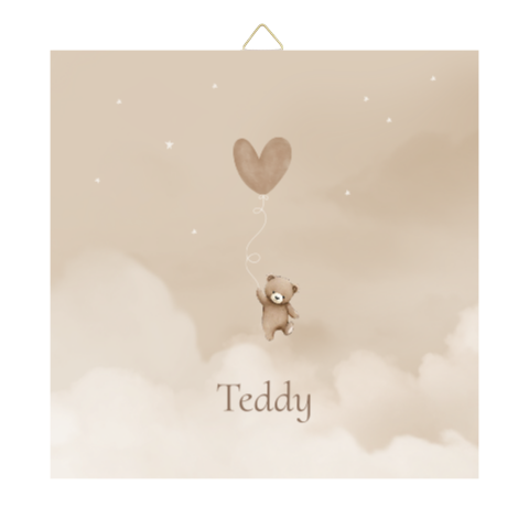 Geboortetegeltje 15cm knuffelbeertje hartjesballon wolken