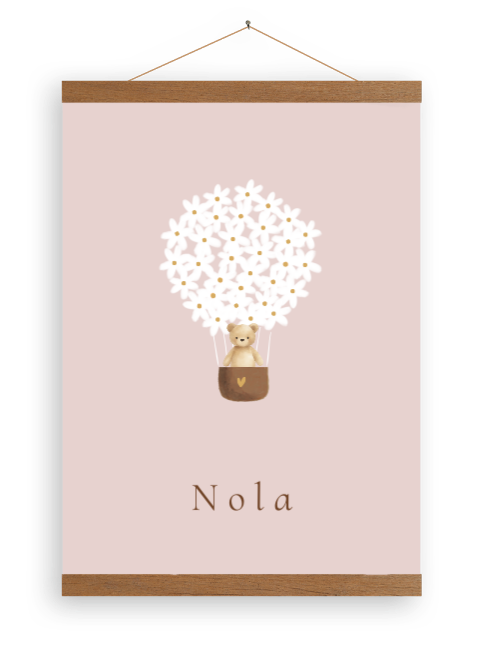 Canvasposter houten latjes knuffelbeertje in madelief luchtballon