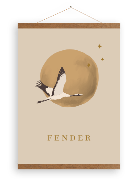 Canvasposter met houten latjes kraanvogel volle maan