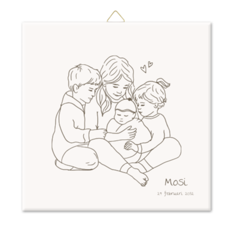 Geboortetegeltje keramiek 15x15cm vierde kindje gezin lijntekening