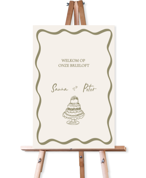 Bruiloft welkomstbord speels taart handgetekend 40x60cm