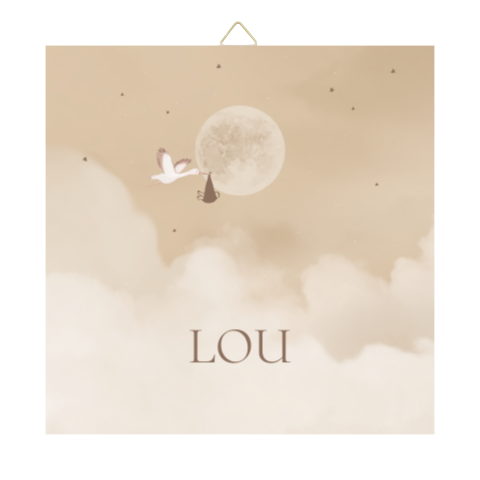 Geboortetegeltje ooievaar maan wolken baby kraamkado 15cm