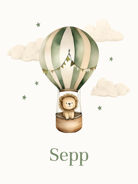 Poster met leeuw in luchtballon met wolken en sterren