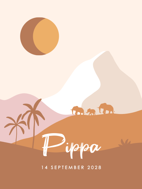 Geboorteposter met landschap, olifantjes en geboortegegevens
