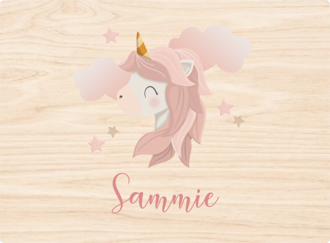 Prachtige memorybox van hout met eenhoorn, wolkjes en naam