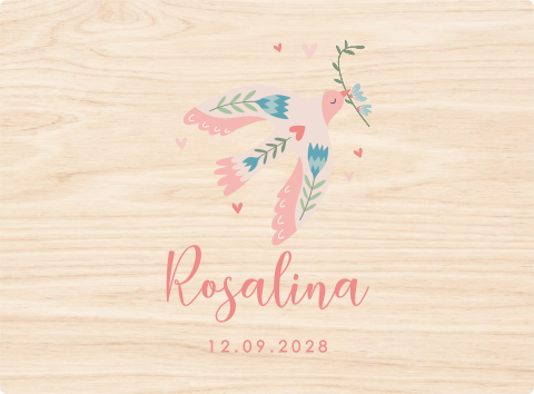 Vrolijke memorybox met vogel, hartjes en naam