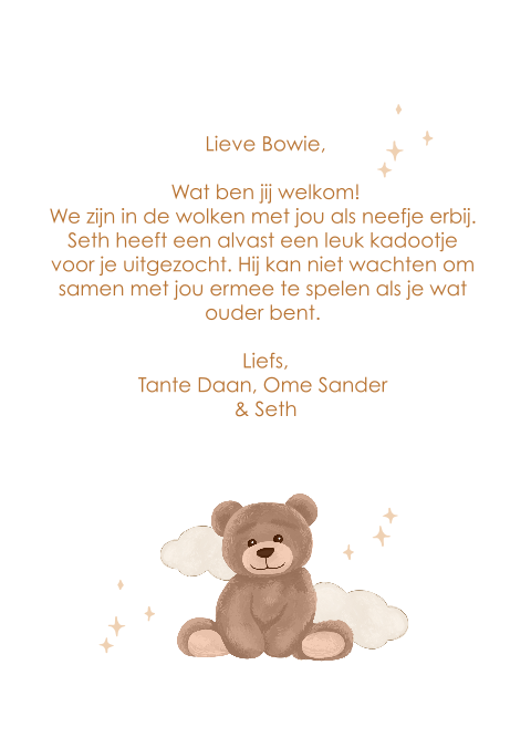 Dromerige wenskaart met beertje, wolken en sterren