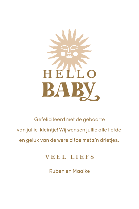 Lieve wenskaart met zonnetje en tekst 'hello baby'