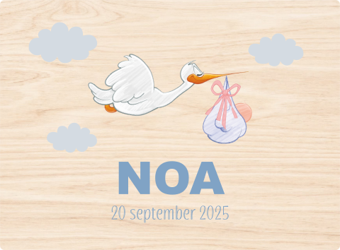 Houten memorybox met naam en illustratie van ooievaar