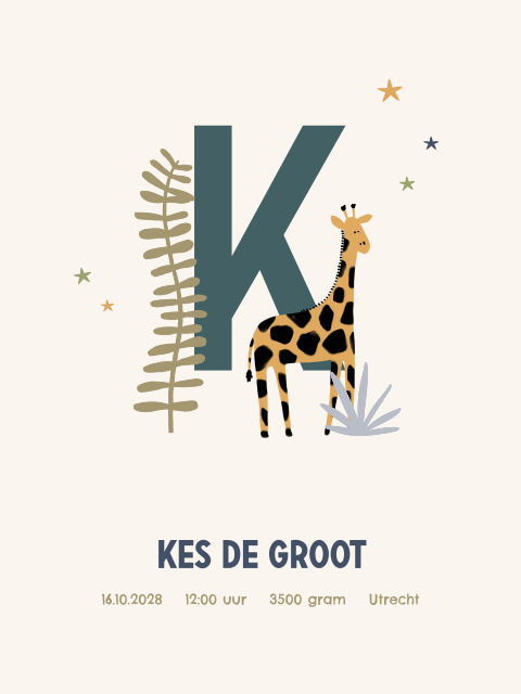 Stoere geboorteposter met jungle thema en geboortegegevens
