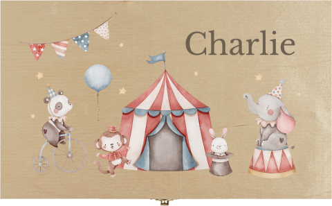 Vrolijke houten tekendoos met circus thema en naam