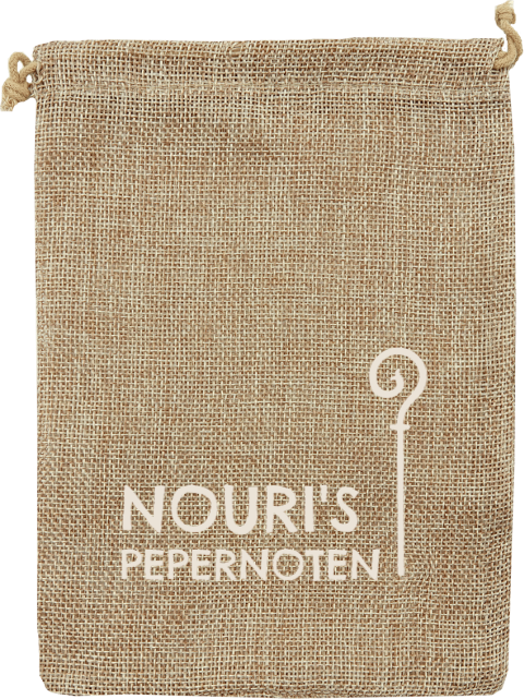 Jute pepernotenzakje met tekst en illustratie van staf
