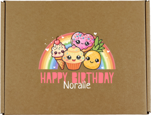 Vrolijke cadeaudoos van kraft met Kawaii, regenboog en naam