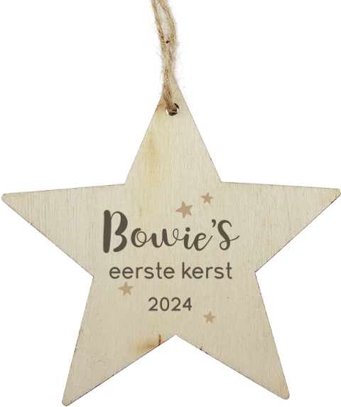 Houten ster kersthanger met sterretjes en naam