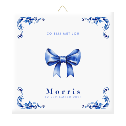 Geboortetegel in het Delfts blauw met strik en naam