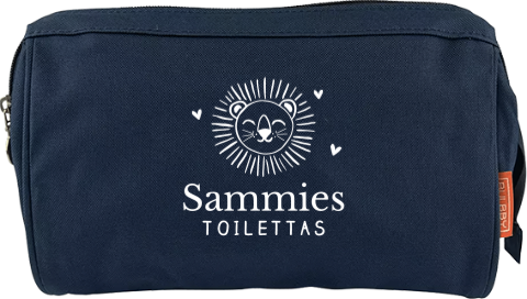 Toilettas met naam en lijntekening van leeuwenhoofd